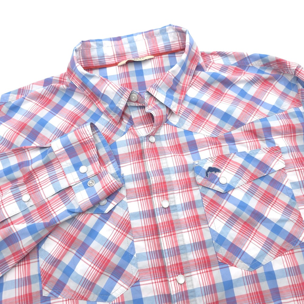 Simms Mens XL Plaid Western Snap Shirt Long Sleeve Red Blue Fishing Fish Logo
